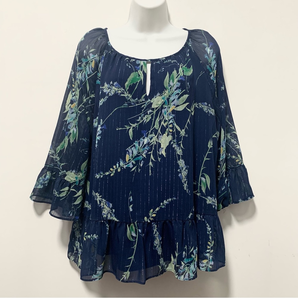 St. John's Bay Navy Floral 3/4 Ruffle Sleeve Metallic Striped Blouse L